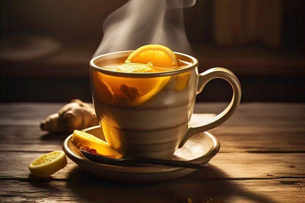 A steaming cup of ginger and turmeric tea with lemon slices and honey